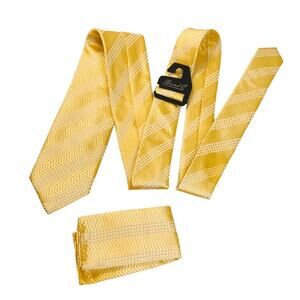 Brand Q 2000s Microfiber Yellow Stripe 58" x 3.25" Necktie Tie and Pocket Hankey